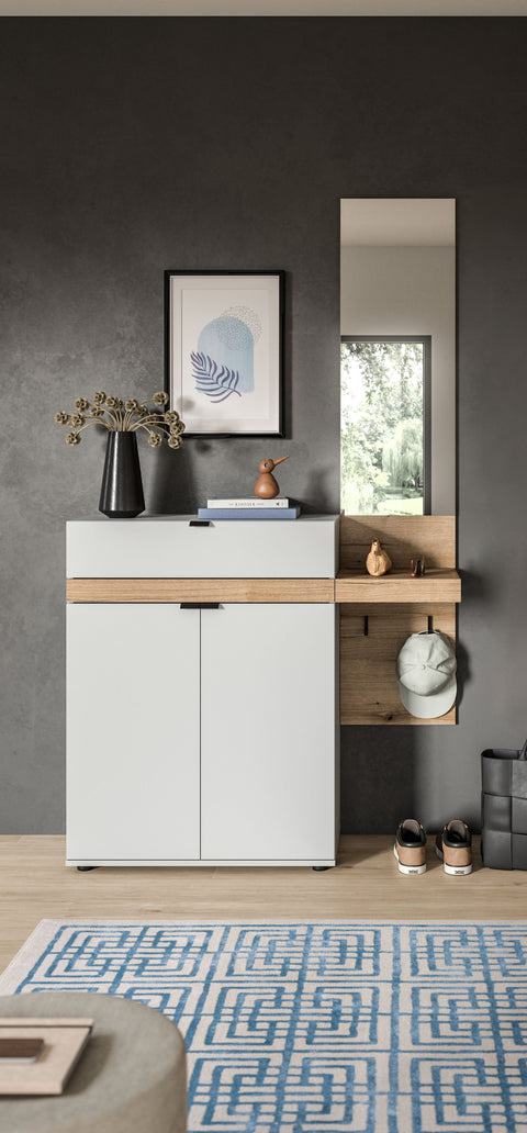 Rootz Wardrobe Combination - Shoe Cabinet - Mirror Set - Space-Saving - 110x194x37 cm - Grey & Evoke Oak Imitation