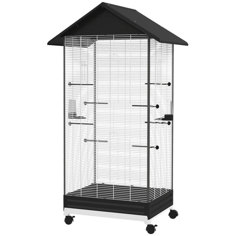 Rootz Freestanding Bird Cage on Wheels - Aviary - Pet Enclosure - Easy Mobility - 79 x 65 x 155 cm Steel Wire, Black