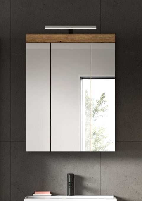 Rootz Brown Mirror Cabinet Set - Bathroom Light - Storage Solution - Modern Design - 60x79x18cm