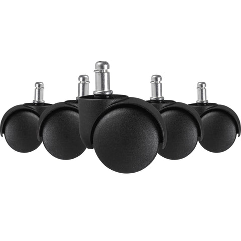 Rootz 5 Piece Set Office Chair Carpet Rollers - High-Quality Plastic - Black - 11mm PIN Diameter - 20mm Pin Length - 50mm Roller Diameter - Suitable for Carpet - 100% Polyurethane - Set of 5 - Unbraked Castors