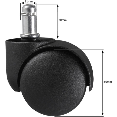Rootz 5 Piece Set Office Chair Carpet Rollers - High-Quality Plastic - Black - 11mm PIN Diameter - 20mm Pin Length - 50mm Roller Diameter - Suitable for Carpet - 100% Polyurethane - Set of 5 - Unbraked Castors
