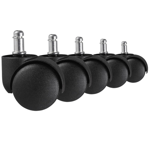 Rootz 5 Piece Set Office Chair Carpet Rollers - High-Quality Plastic - Black - 11mm PIN Diameter - 20mm Pin Length - 50mm Roller Diameter - Suitable for Carpet - 100% Polyurethane - Set of 5 - Unbraked Castors