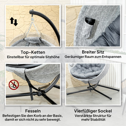 Rootz Egg-Shaped Hanging Basket Chair - Hanging Chair - Garden Chair - Rocking Function - 118cm x 116cm x 180cm