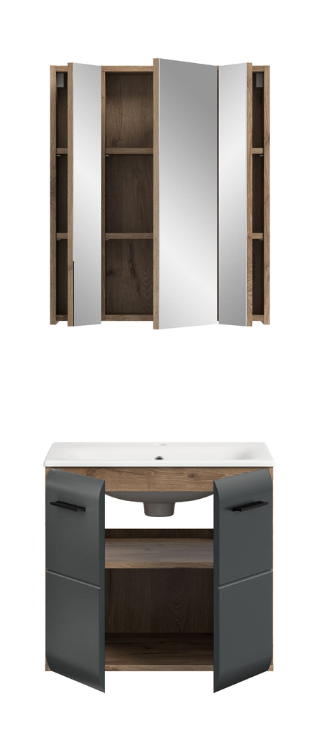 Rootz 3-Piece Bathroom Set - Vanity Unit - Mirror Cabinet - Space-Saving - Dimensions 60x185x46 cm - Black, Brown Finish