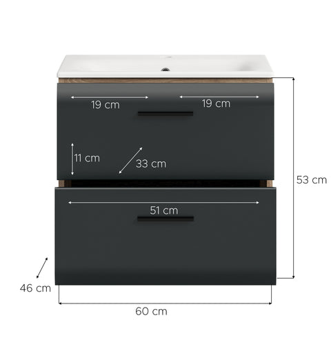 Rootz Vanity Unit with Washbasin - Bathroom Sink Cabinet - Stylish Storage - Easy Care Surfaces - 60x55x46cm - Black and Brown Finish
