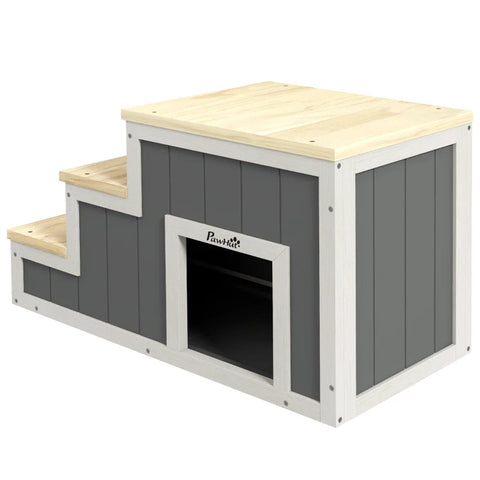 Rootz Pet Stairs - Dog Stairs - 3 Steps - Pine Wood - Non-slip Foot Pads - Natural + White - 79cm x 38.5cm x 45cm