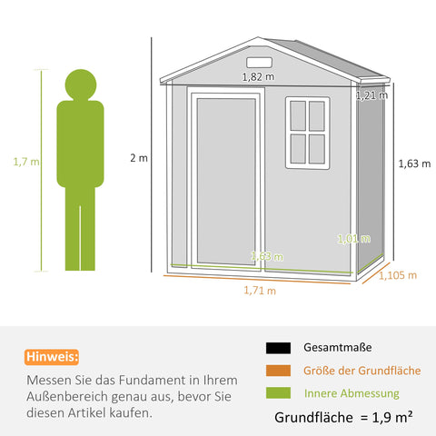 Rootz Tool Shed 1.9m² - Garden Storage House - Outdoor Utility Shed - Weatherproof & Secure - 182 x 121 x 200cm - Lockable Door, Grey, White