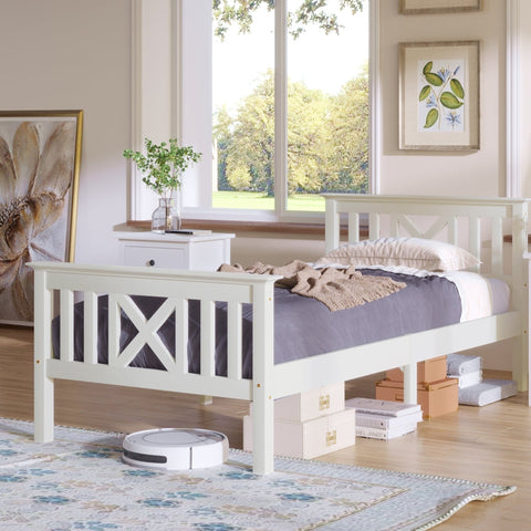 Rootz White Pine Wood Single Bed - Minimalist Design - Elegant Bed Frame - Robust & Practical - 208L x 96W x 82H cm