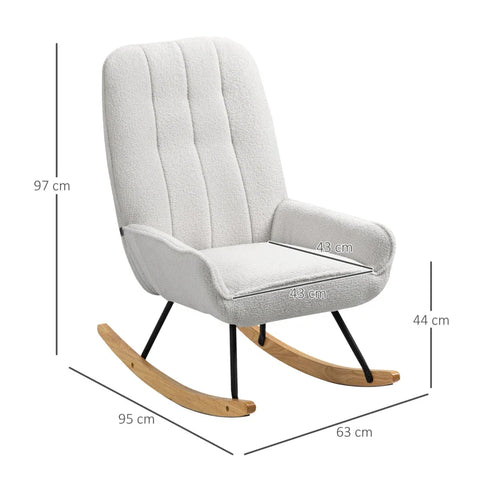 Rootz Rocking Chair - Modern Design Rocking Chair - Sherpa Fleece - Rubber Wood - Quilting - Natural + Gray - 63 cm x 95 cm x 97 cm