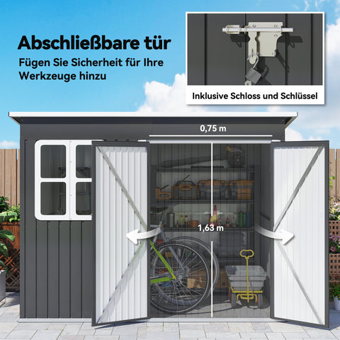 Rootz Metal Garden Shed - Outdoor Storage House - Tool Shed - Weather-Resistant, Secure Lock, 260x177x190cm, Grey and White, Window, Air Vents