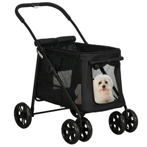 Rootz Dog Trolley With Cushion - 3 Side Pockets - Foldable Dog Trolley - Dog Cart - Oxford Fabric - Black - 102 cm x 62 cm x 105 cm