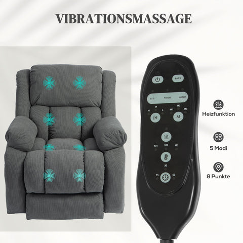 Rootz Grey TV Armchair - Massage Recliner - Heated Chair - Ultimate Comfort with Remote Control - Dimensions: 93cm x 104cm x 100cm