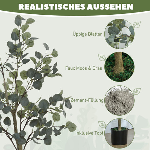 Rootz Artificial Plant - Art Tree - Natural Decor - Maintenance-Free - 150cm Tall with Cement Pot - Green Eucalyptus