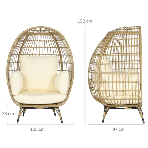 Rootz Rattan Look Wicker Chair - Soft Seat Cushions - Aluminum Frame - Khaki + Beige - 105 x 97 x 150 cm