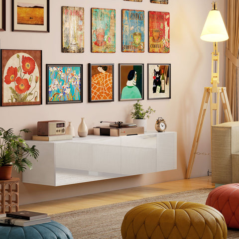 Rootz White Wall-Mounted TV Cabinet - Floating TV Chest - Storage Drawers - Space-Saving Design - 140cm x 33cm x 29.8cm