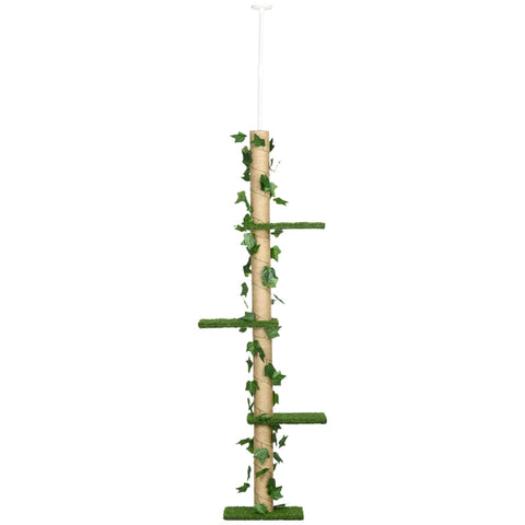 Rootz Floor-to-Ceiling Cat Tree - Height Adjustable Scratching Post - Artificial Leaves - Chipboard - 37cm x 21cm x 202-242cm