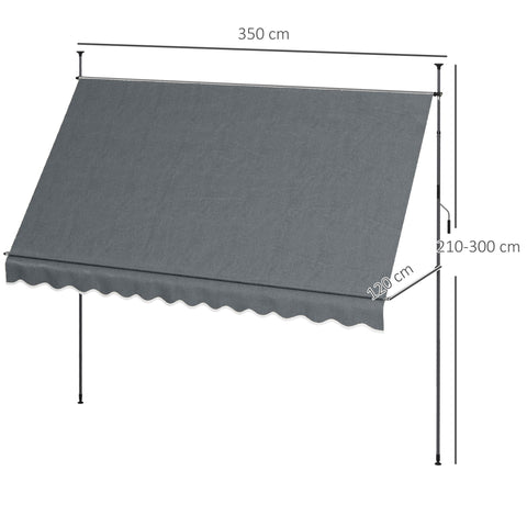 Rootz Freestanding Terrace Awning - Retractable Canopy - Adjustable Sunshade - UV Protection - 3.5m x 1.2m x 2.1-3m -  Grey