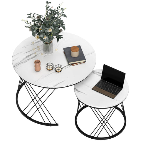 Rootz 2 Piece Set Couch Tables - Round Coffee Table - Marble Look Living Room Tables - Space Saving - Ø70 x 46.5cm & Ø44 x 39cm