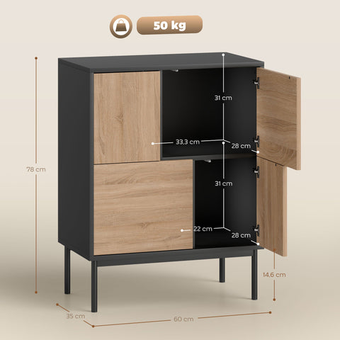 Rootz Sideboard Cabinet - Storage Cupboard, Buffet Console - Push-to-Open, Easy Access, Sturdy Metal Legs - Black & Natural Wood - 60x35x78 cm