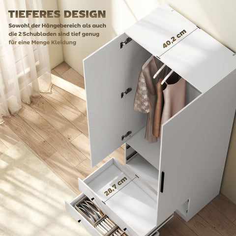 Rootz 2 Door Wardrobe - Closet - Clothes Organizer - Spacious Storage - 79cm x 180cm, White Chipboard