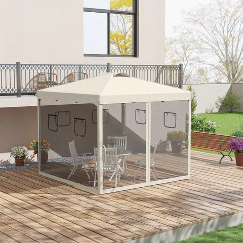 Rootz Folding Gazebo - Height Adjustable - Mesh Curtains - Ground Spikes - Carry Bag - Metal Frame - Steel - Oxford Polyester - Beige - 297L x 297W x 287H cm