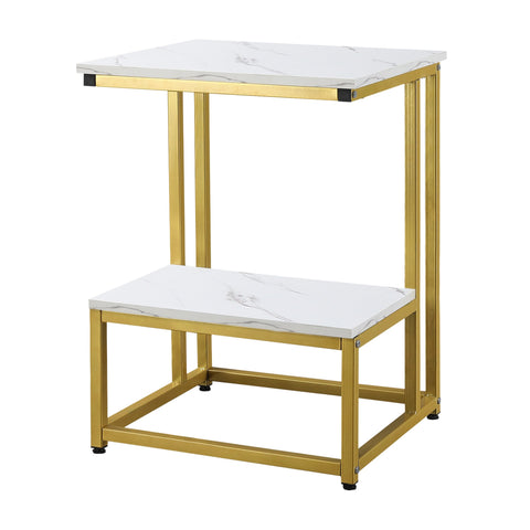 Rootz NeoRetro Side Table - Coffee Table - Bedside Table - Elegant Design - 45cm x 40cm x 61.5cm - Golden Steel & Marble Effect