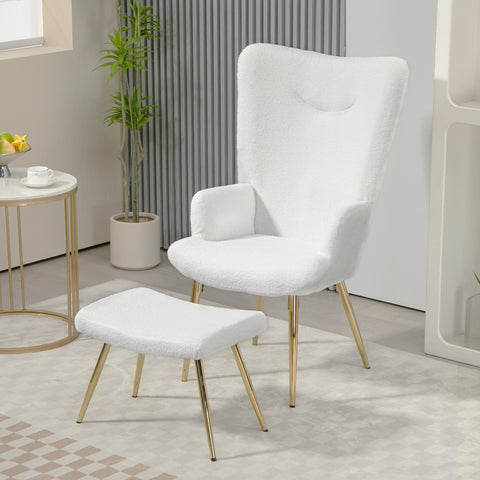 Rootz Wing Chair with Stool - Lounge Chair - Accent Chair - High Back Comfort - 73W x 68D x 111H cm, 52W x 38D x 40H cm, White Sherpa Cover, Gold Legs