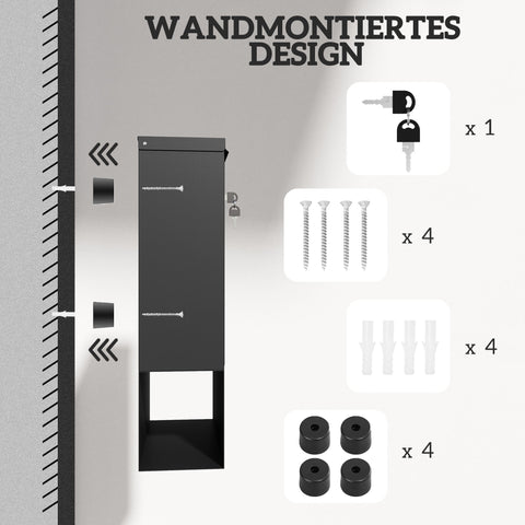 Rootz Black Mailbox with Viewing Window - Wall Mountable - Lockable - Rust & Weatherproof - 30cm x 8.5cm x 32.5cm