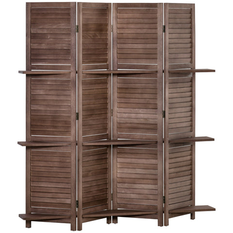 Rootz Wooden Screen 4 Panel Room Divider - Foldable Privacy Screen - Interior Partition - Rustic Walnut Design - 162cm x 170cm - 3 Shelves Included