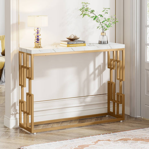 Rootz Gold Console Table - Entryway Table - Sofa Table - Easy-to-Clean Faux Marble - 30 cm D x 107.99 cm W x 80 cm H