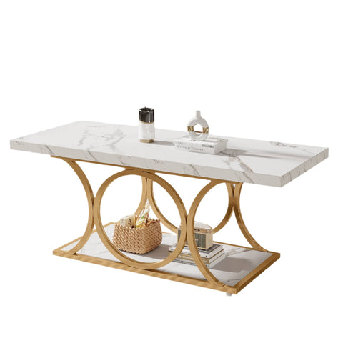 Rootz Chic Modern Coffee Table - 2-Tier Coffee Table - Faux Marble Table - Luxurious Design - 120cm L x 50cm W x 48cm H