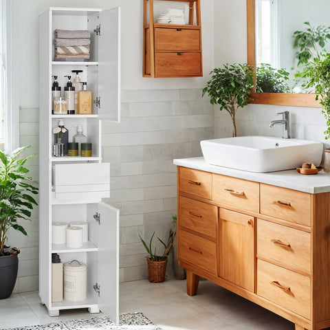 Rootz Bathroom Cabinet - Bathroom Furniture - Storage Unit - Drawer Organiser - Classical White MDF - 30cm x 30cm x 170cm