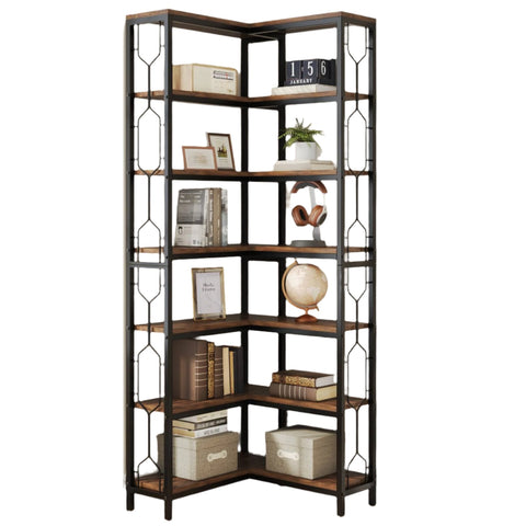 Rootz 7-Tier Corner Shelf - Space-Saving Bookcase - Hexagonal Storage Unit - Enhances Organization - 60cm D x 60cm W x 200cm H