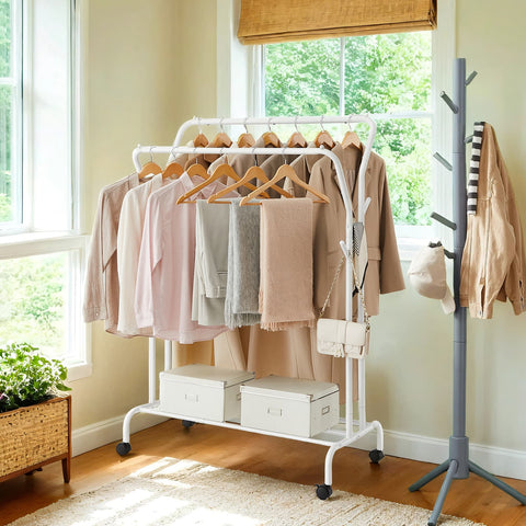 Rootz Clothing Rack on Rolls - Clothes Sticks - Cloakroom Rod - Steel, 100kg Capacity - 52.5x103.5x155cm, White