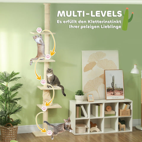Rootz Floor to Ceiling Cat Tree - Adjustable Cat Scratching Post - Extendable Height - 5 Cozy Floors - Stable Base - Cat Furniture - 42.5cm x 26.5cm x 225-275cm