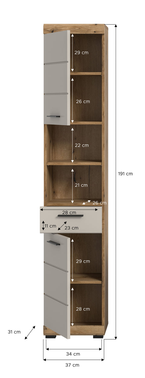 Rootz Tall Cabinet - Storage Unit - Organizing Shelving - Durable MDF -Brown - 37x191x31 cm
