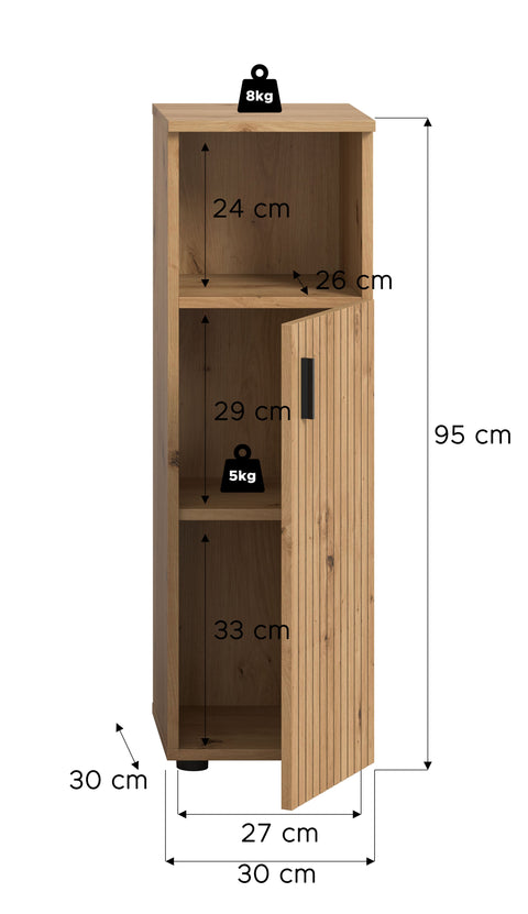 Rootz Bathroom Cabinet - Storage Cupboard - Bathroom Organizer - High-Quality, Easy-Care - 30x95x30cm