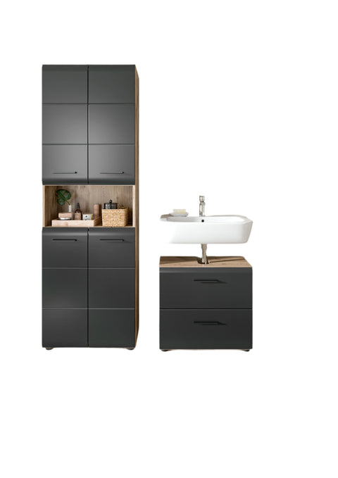 Rootz 3-Piece Bathroom Set - Vanity Unit - Mirror Cabinet - Modern Style - Easy Care - 135x185x30 cm - Black and Brown