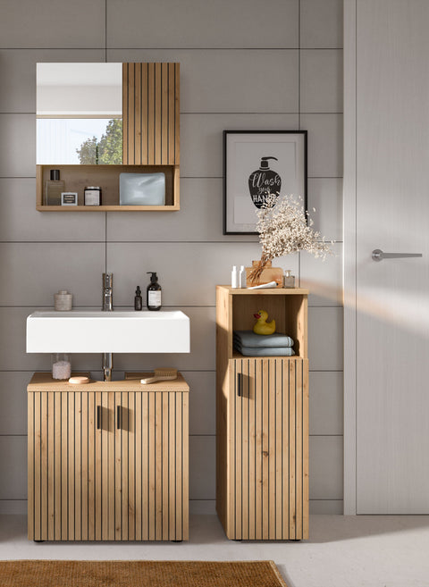 Rootz Brown Imitation 3-Piece Bathroom Set - Vanity Unit - Mirror Cabinet - Ample Storage - 105cm x 180cm x 30cm