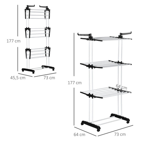 Rootz Clothes Airer - Drying Rack - Laundry Stand - Foldable Design - High Load Capacity - Mobility and Stability - 73cm x 64cm x 177cm - Metal Frame - Black