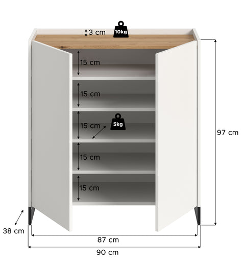 Rootz Shoe Cabinet - Footwear Organizer - Shoe Storage - Sustainable Design - 97x90x38 cm - White & Artisan Brown