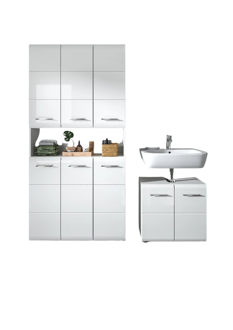 Rootz 3 Piece Bathroom Set - Vanity Unit - Storage Solution - High-Gloss White MDF - Easy Assembly - 165x185x30 cm