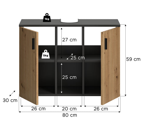 Rootz Washbasin Base Cabinet - Vanity Unit - Bathroom Storage - Easy-Care Front - 80x59x30 cm Grey & Brown  Imitation