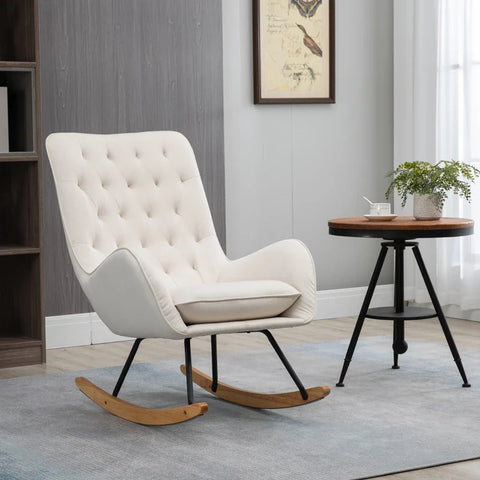 Rootz Rocking Chair - Scandi Design - Relaxation Chair - Button Stitching - Living Room - Dining Room - Cream + Natural + Black - 69 cm x 90 cm x 100 cm