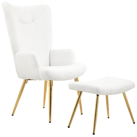 Rootz Wing Chair with Stool - Lounge Chair - Accent Chair - High Back Comfort - 73W x 68D x 111H cm, 52W x 38D x 40H cm, White Sherpa Cover, Gold Legs