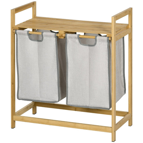 Rootz Laundry Collector with Two Spacious Baskets - Laundry Sorter - Bamboo Frame - Top Shelves - 64cm x 33cm x 73cm