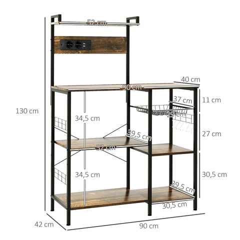 Rootz Kitchen Shelf with Integrated Sockets - Microwave Shelf - Industrial Storage Shelf - Ample Storage - 90x42x130cm