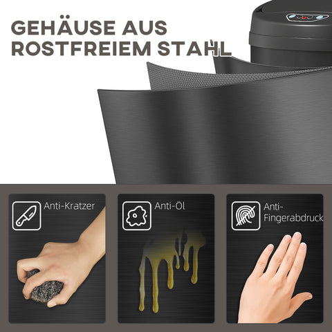 Rootz Touch-Free Sensor Waste Bin - Automatic Trash Can - Stainless Steel Bin - Soft-Close - 30.5cm x 30.5cm x 68cm - Black