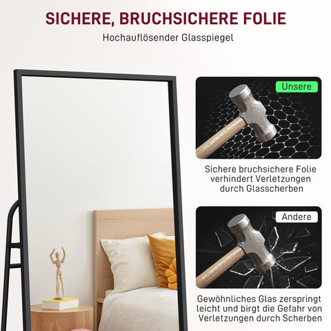 Rootz Full Body Mirror - Standing Mirror - Dressing Mirror - Industrial Design, Metal Frame, Black, 157 x 50 cm, Rear Shelf, 2 Hooks, Safe & Chic