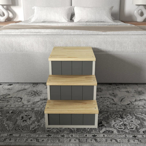Rootz Pet Stairs - Dog Stairs - 3 Steps - Pine Wood - Non-slip Foot Pads - Natural + White - 79cm x 38.5cm x 45cm